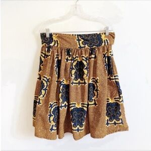 Handmade African skirt yellow blue swirls dots wax cloth side zipper